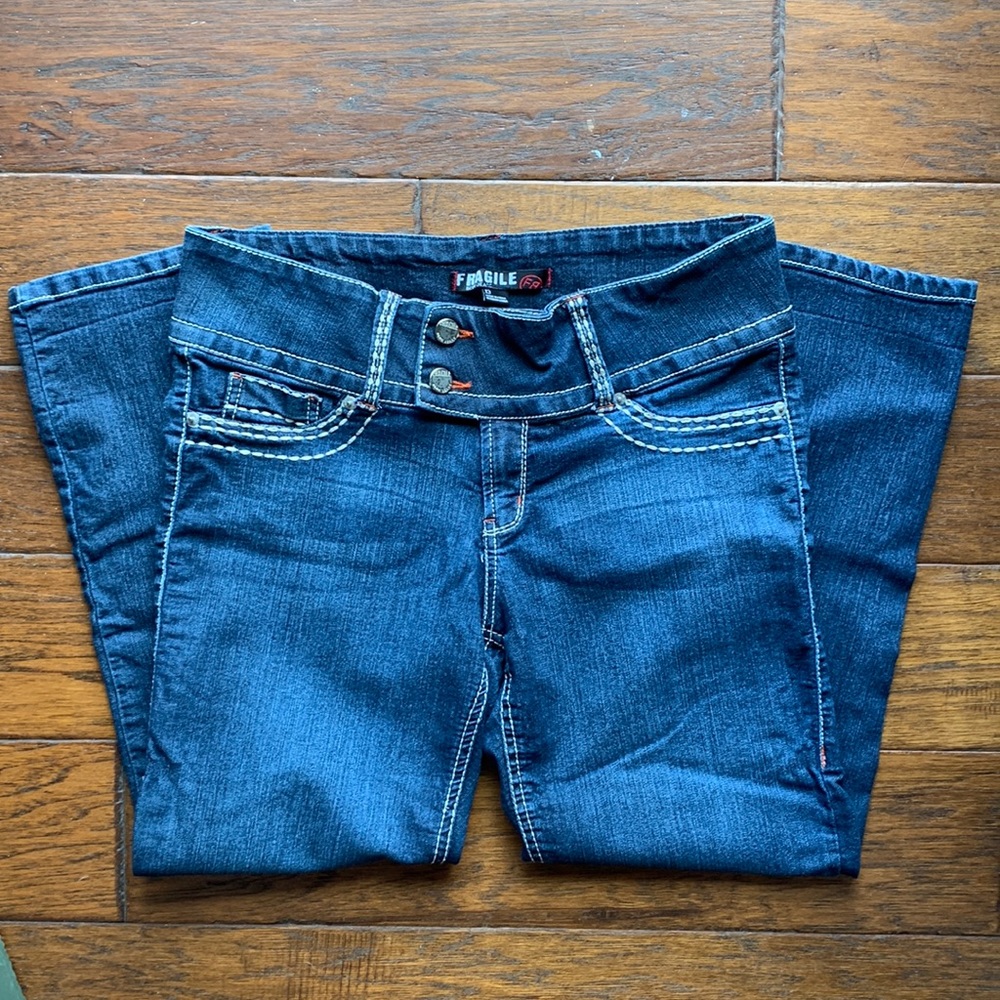Dark wash capris, size 13-fits more like 9-11, fairly stretchy, 25 inch inseam